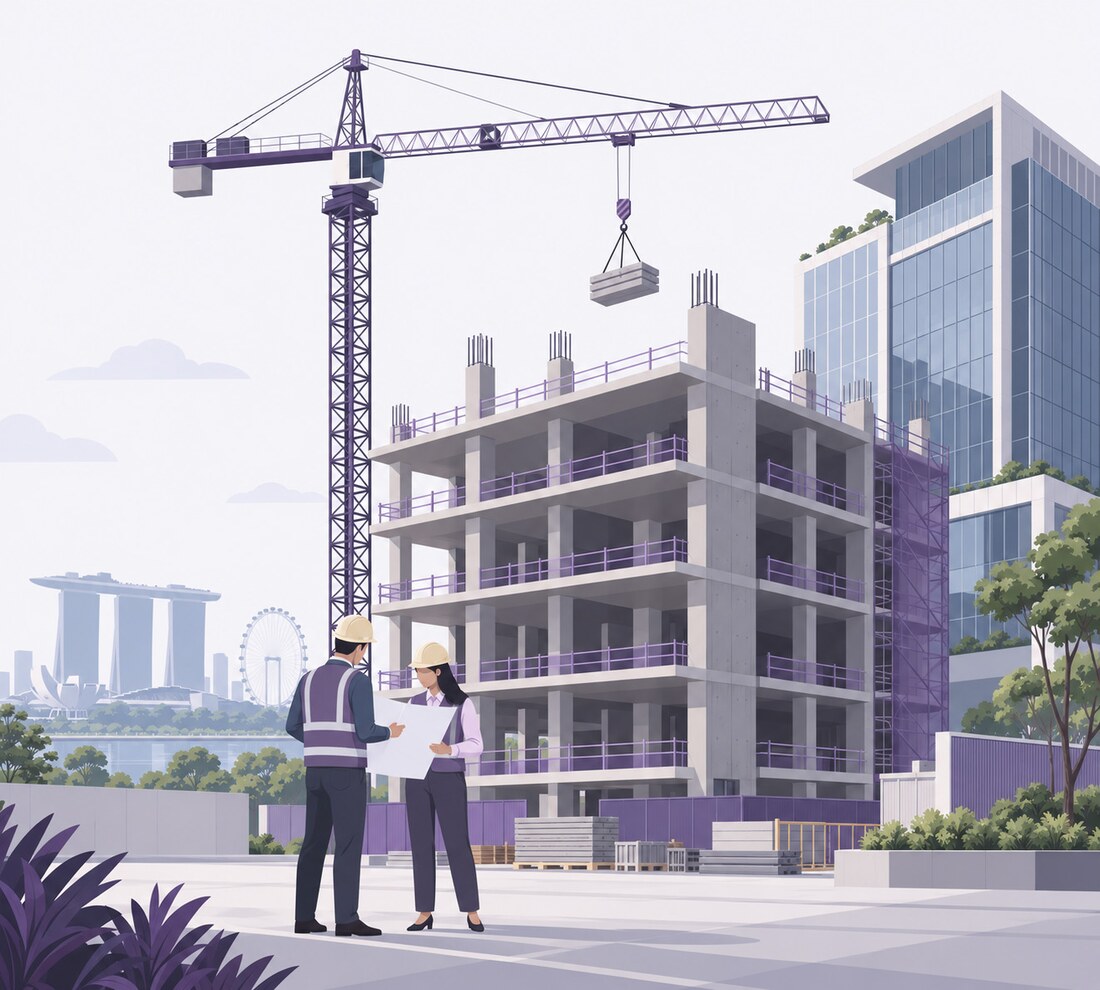 Construction site with tower crane and project team reviewing drawings, Singapore skyline behind